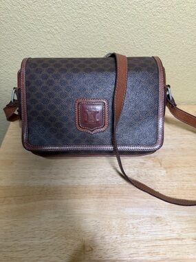 CELINE Macadam Brown Leather-Trim Crossbody Bag